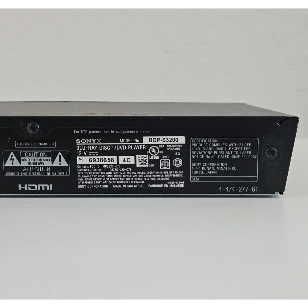 Sony Blu-Ray DVD Player BDP-S3200 Wifi HDMI Power Cord - Tested No Remote